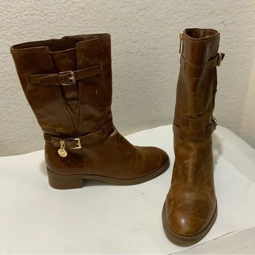 MICHAEL KORS MK High Heel Cognac brown distressed Leather Upper Boots -7.5M